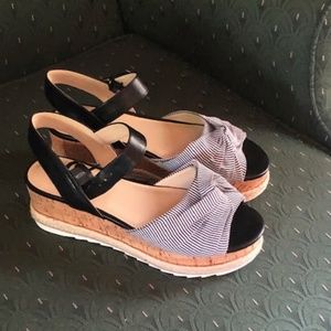 Marc Fisher Black/White Pinstripe Wedge Sandals, Size 7